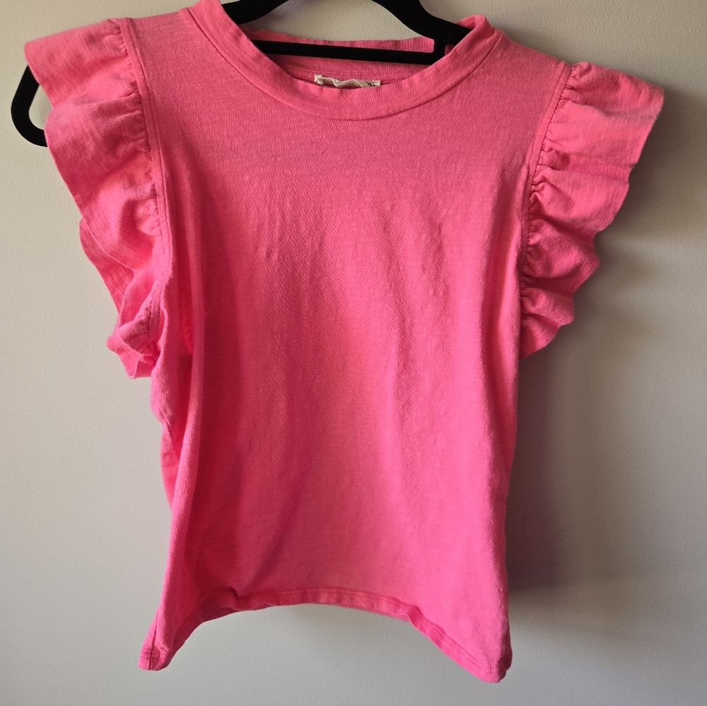 ​Charlotte Avery Pink Ruffle Sleeve Cotton Top Size M Flutter Tee